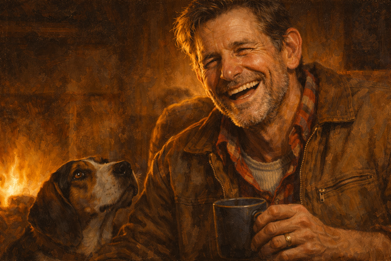 Brother Jonathan laughing by the fire with Bunker