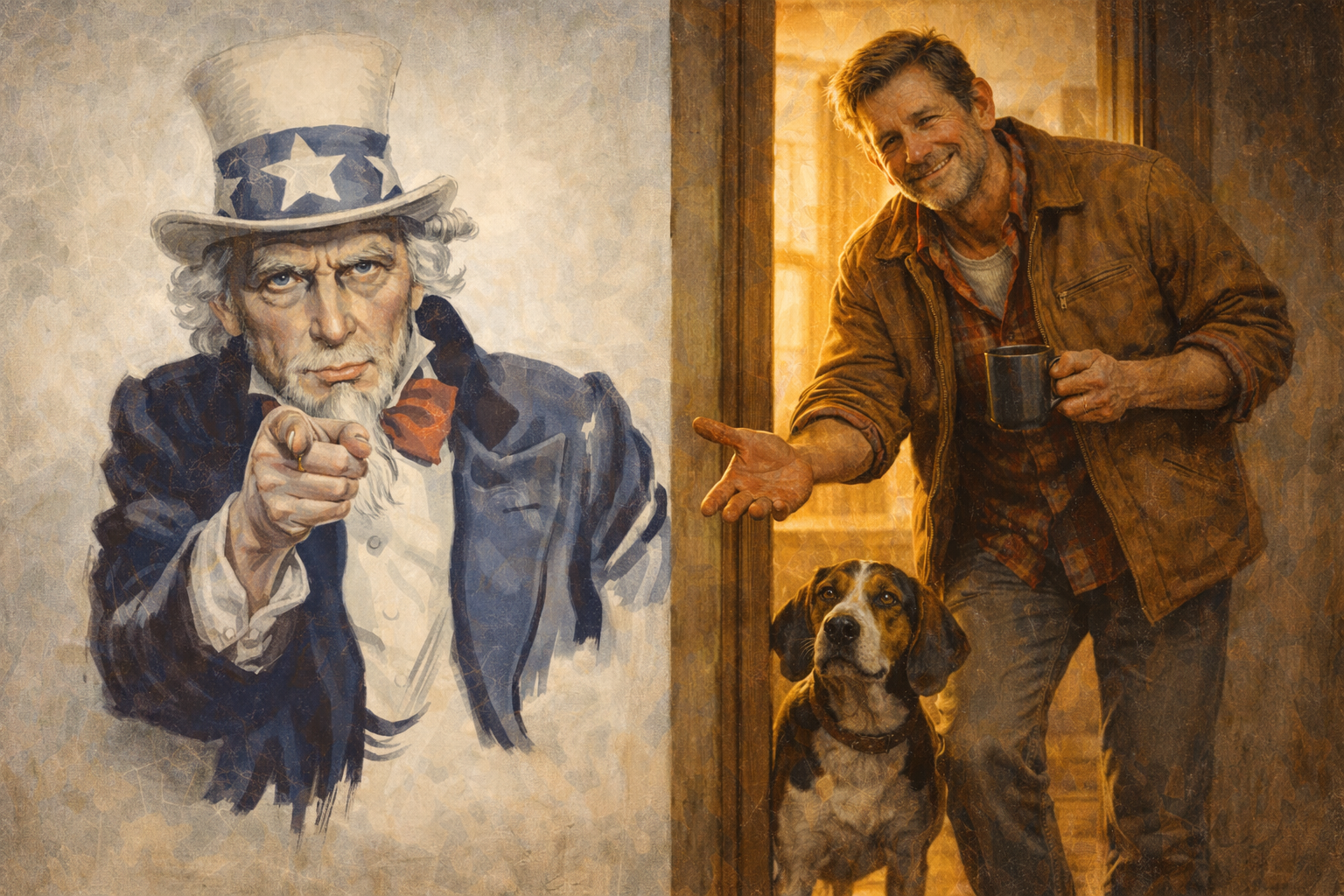 The recruitment contrast — Uncle Sam points, Brother Jonathan extends a hand