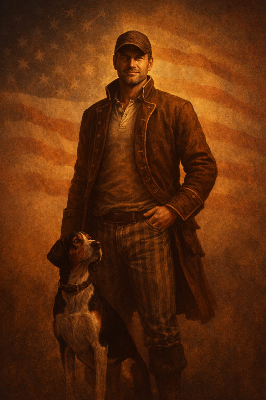 Brother Jonathan in colonial coat with Bunker, American flag behind them