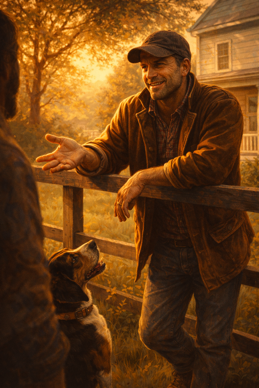 Brother Jonathan leaning on a fence, talking to a neighbor