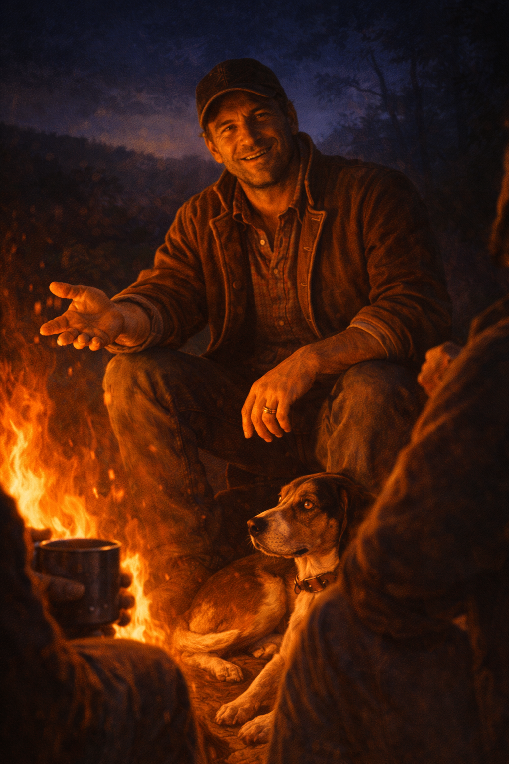 Brother Jonathan by the campfire, telling the story